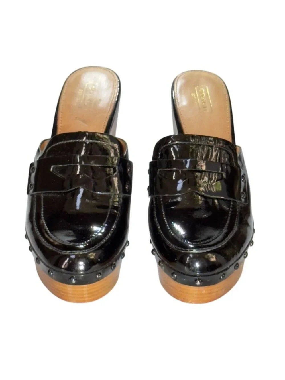 COACH Nalina Womens Shoes Black Patent Leather Platform Heels Studded Size 8.5B